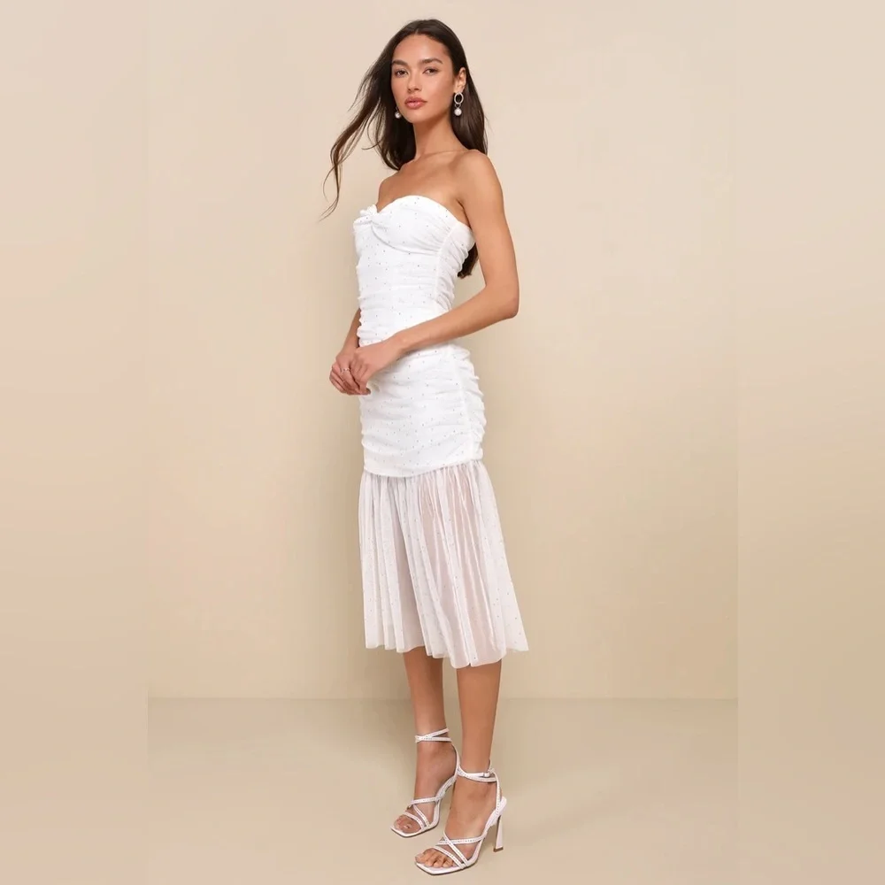 Lulus Medium‎ Sparkling Babe White Mesh Rhinestone Ruched Strapless Midi Dress - Picture 2 of 6